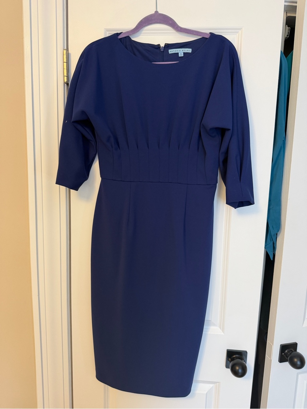 ANTONIO MELANI Deep Navy Pleated Waist Midi Dress